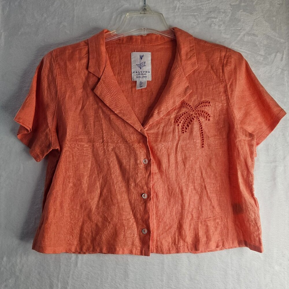 Calypso 100% Linen Button Down Shirt Orange Short Sleeve Crop Eyelet Palm Tree L